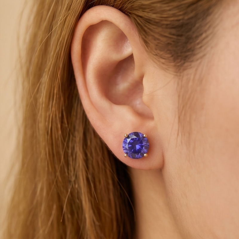 Women's Purple Zirconia Golden 925 Silver Earrings, Classic Design